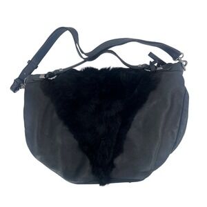 Abro Black Leather & Faux Fur Studded Slouchy Shoulder Bag Dark Edgy Mob Wife